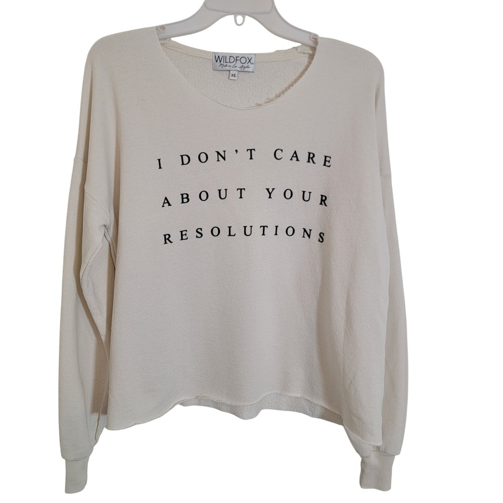 Wildfox Resolutions Graphic Sweatshirt Cream Raw Hem XS Made in USA Lounge